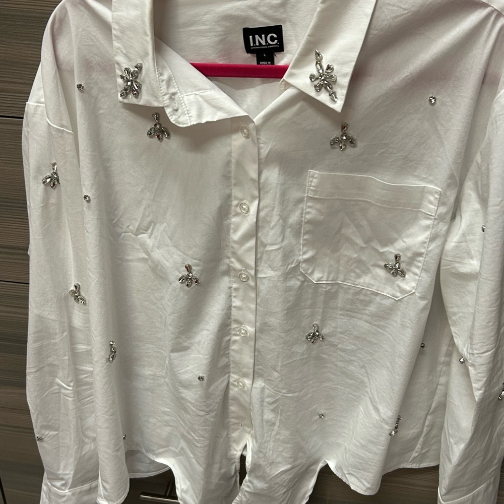 INC White Embellished Button-Up Shirt